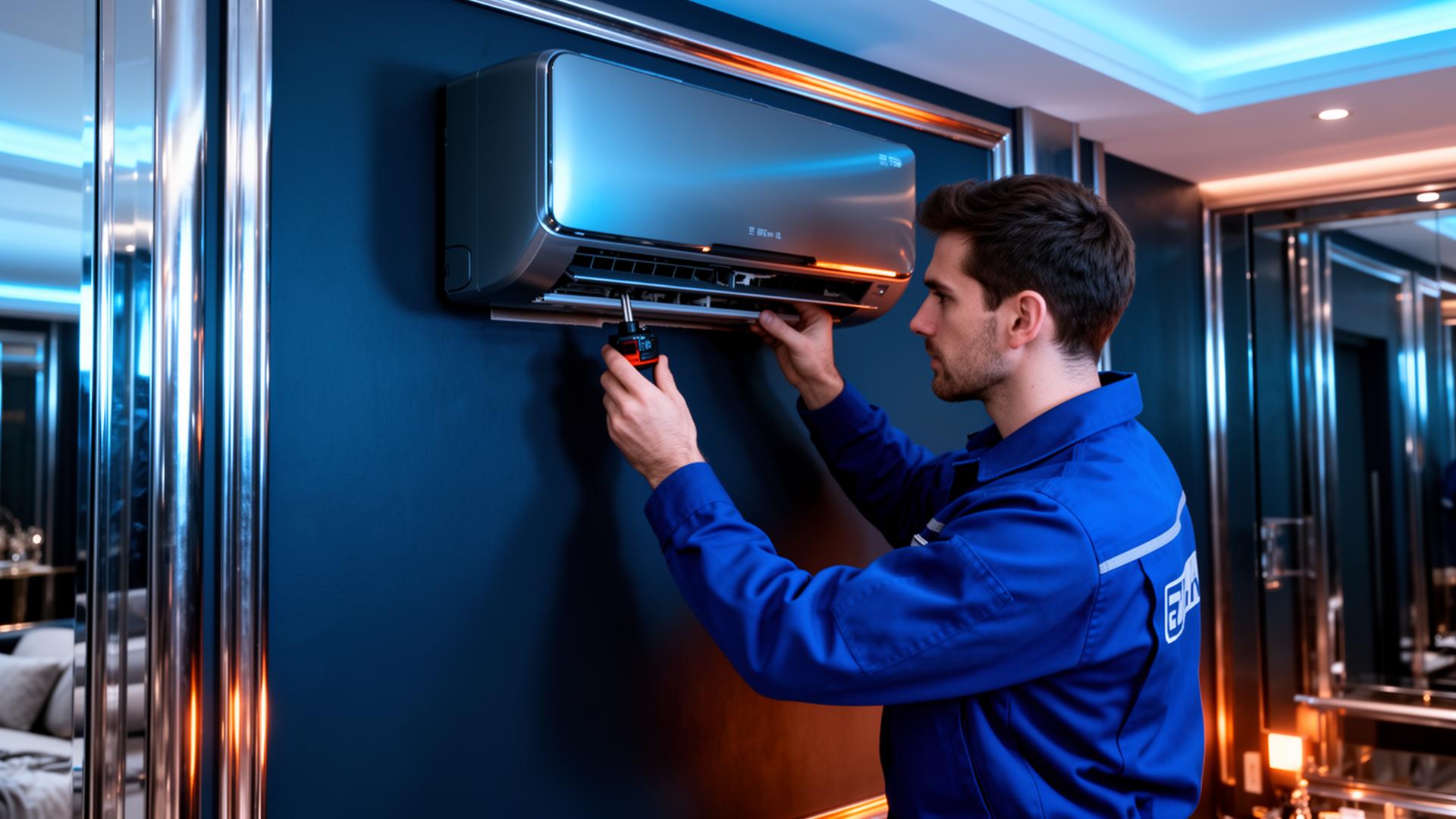 Técnico instalando ar condicionado split em ambiente moderno