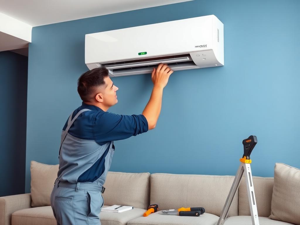 Técnico instalando split em parede de sala